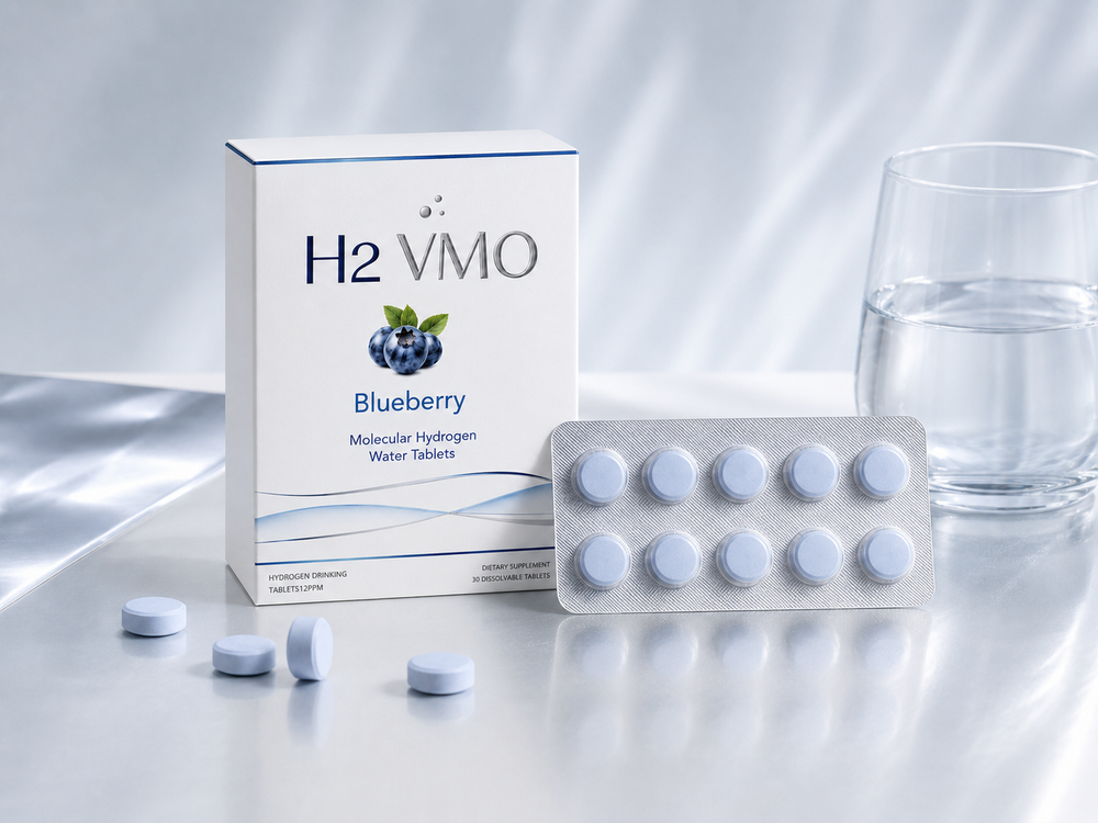 H2 Ritual molecular hydrogen water tablets box and blister pack beside a glass of water