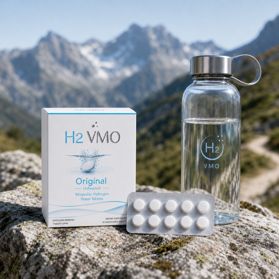 H2 Ritual box and blister pack beside a water bottle on a hiking rock