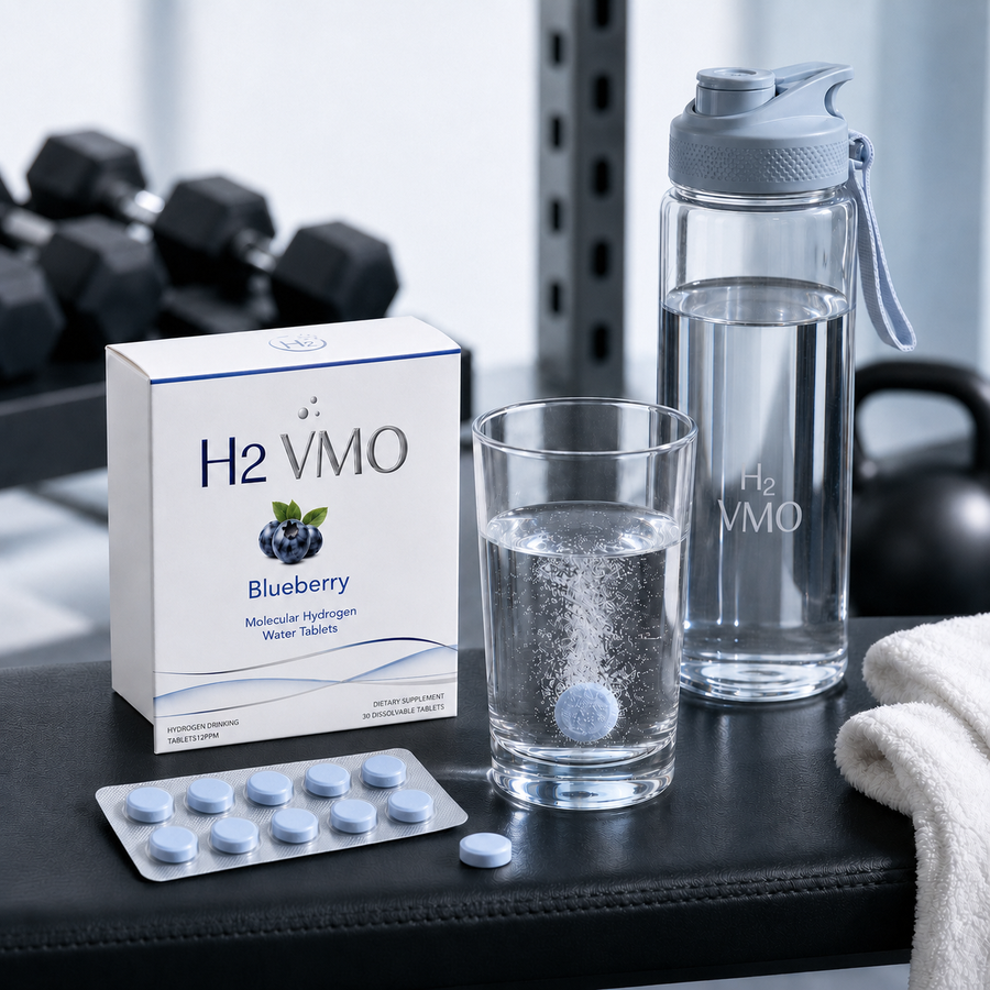 H2 Ritual tablet dissolving with box and blister pack in a workout hydration scene