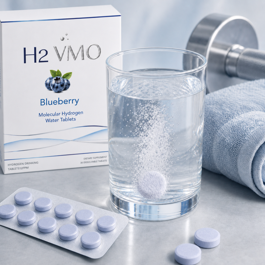 H2 Ritual tablet fizzing beside gym towel and dumbbell