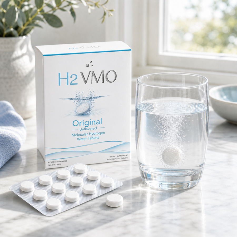 H2 Ritual blister pack white tablets and fresh water on a morning table