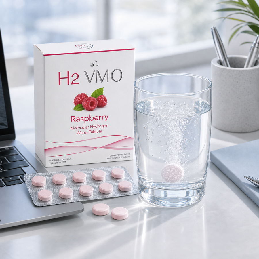 H2 Ritual hydrogen water tablets on a modern office desk