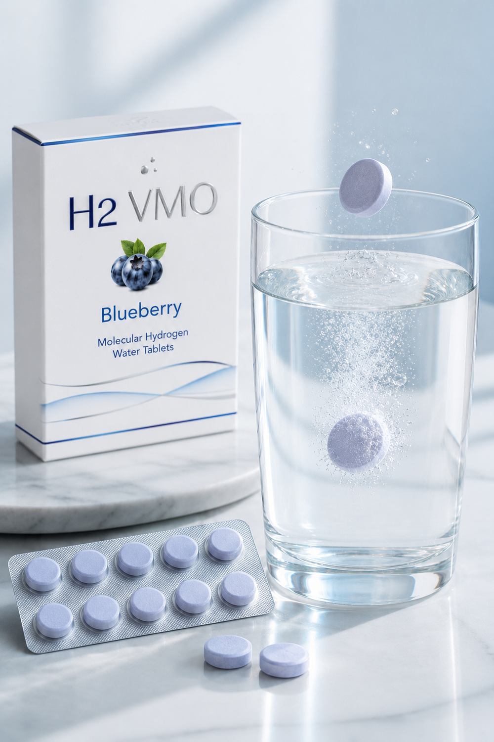 H2 Ritual hydrogen water tablets box and blister pack with fresh water