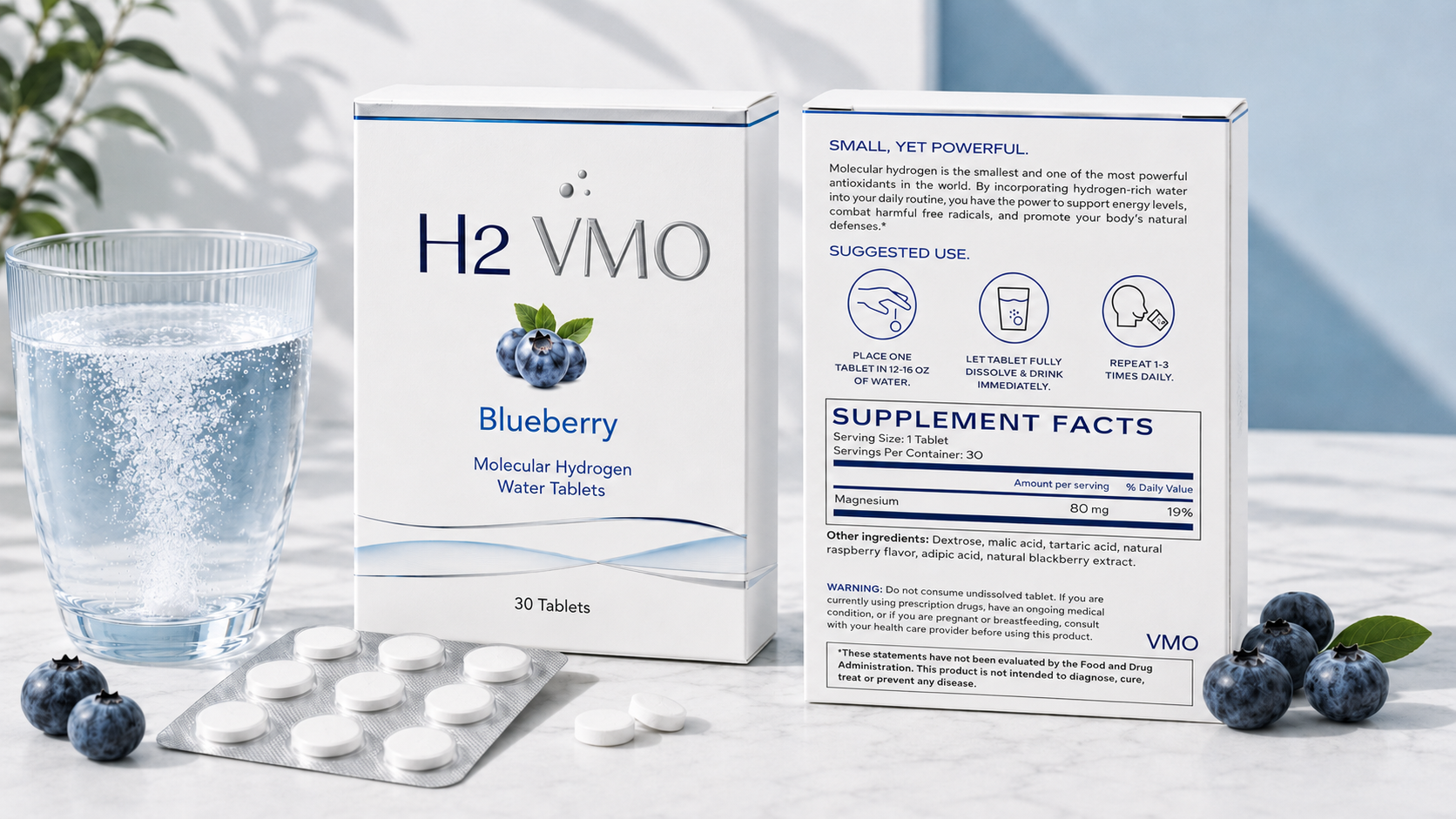 H2 Ritual molecular hydrogen water tablets box with blister pack and white tablets