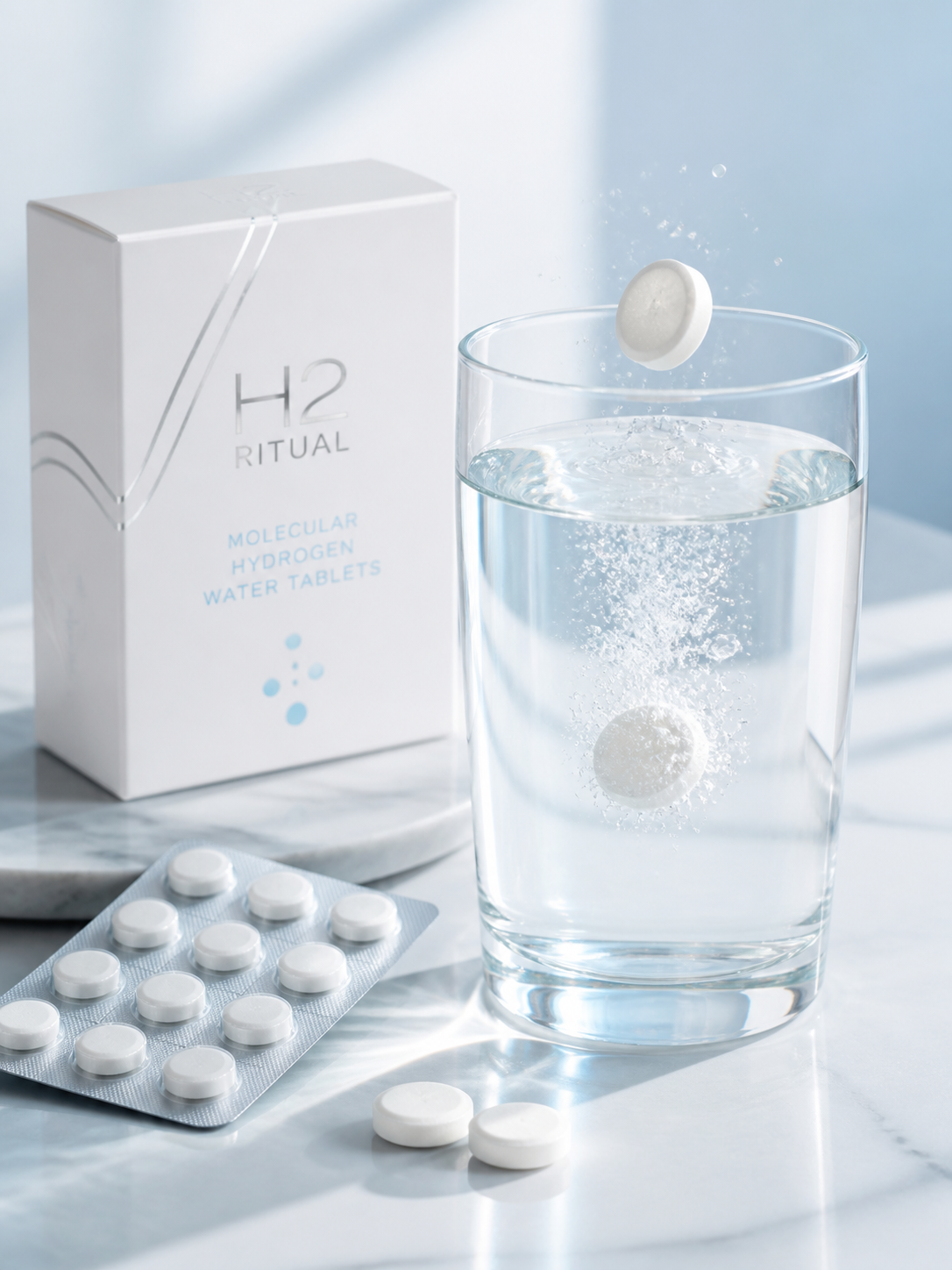 H2 Ritual tablet added to water with box and 12-tablet blister pack