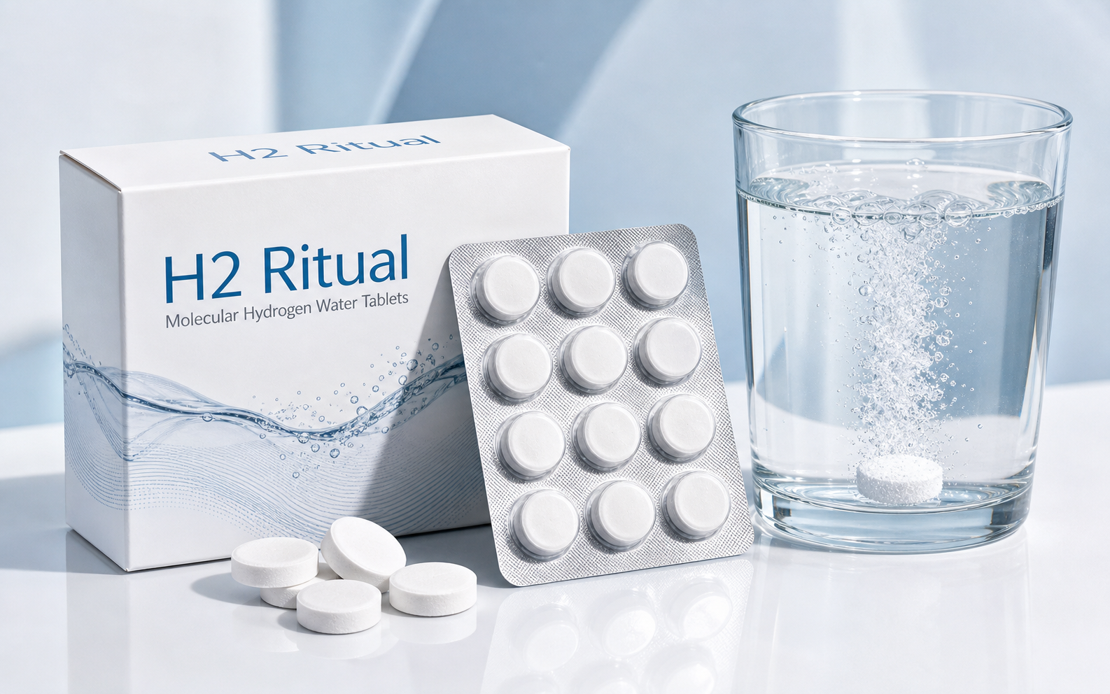 H2 Ritual molecular hydrogen water tablets box and blister pack beside a glass of water