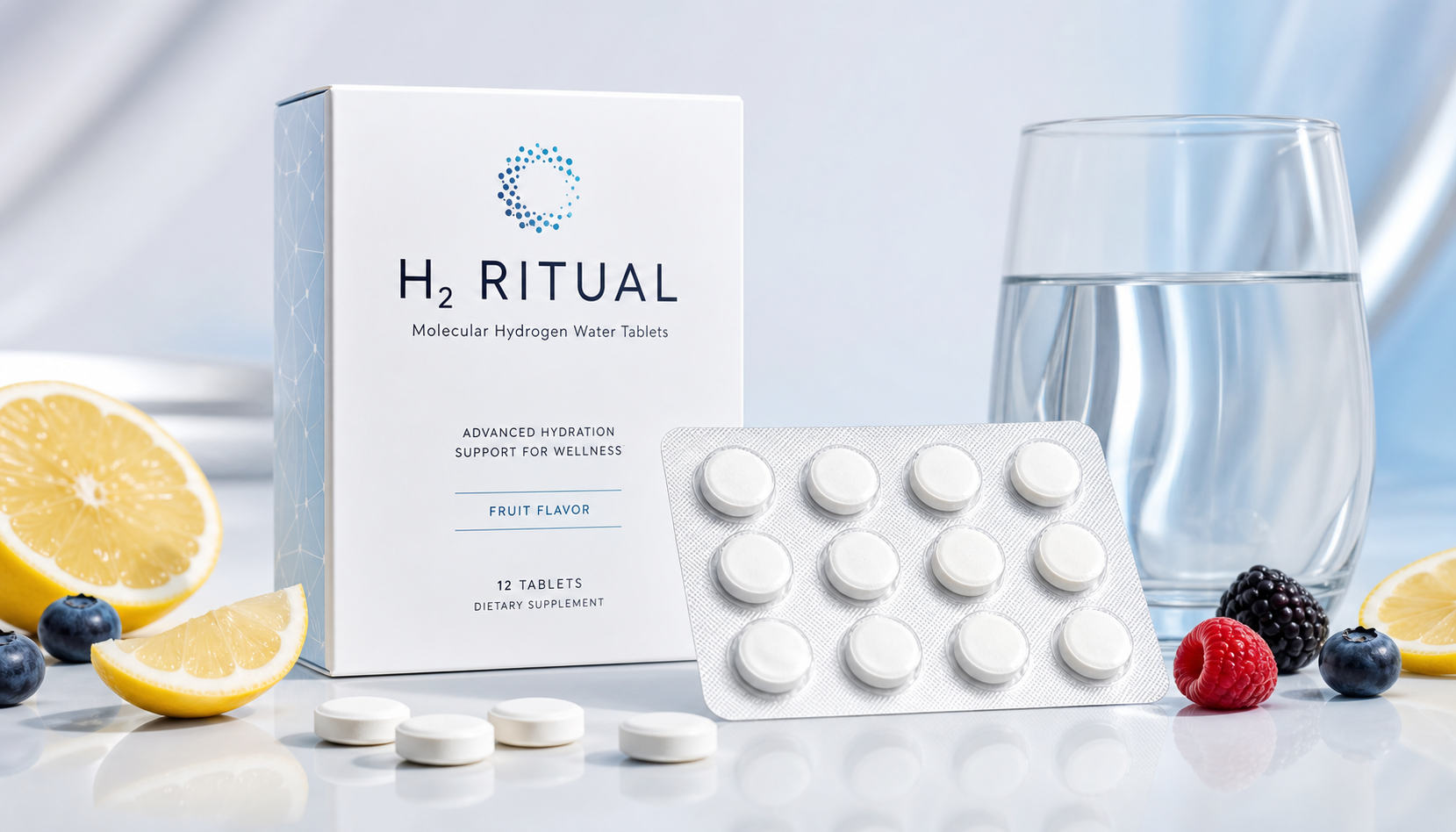 Fruit flavor H2 Ritual molecular hydrogen water tablets box and blister pack