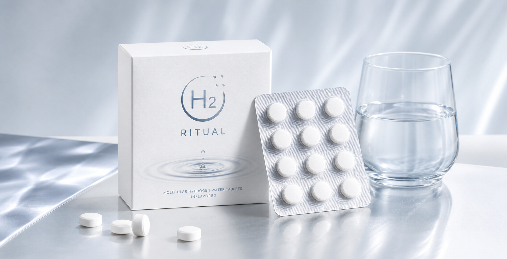 Unflavored H2 Ritual molecular hydrogen water tablets box and blister pack