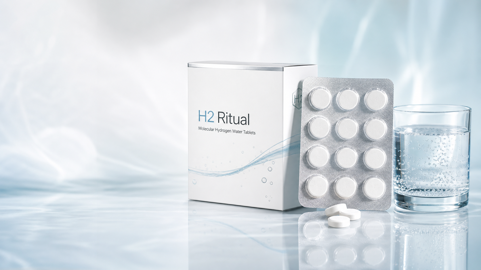 H2 Ritual hydrogen water tablets box and blister pack with fresh water
