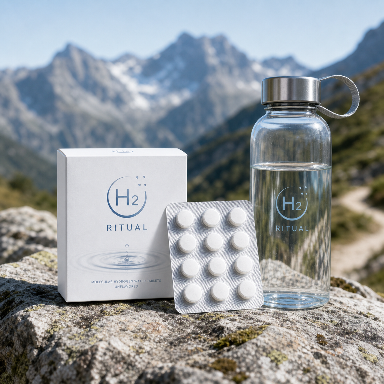 H2 Ritual box and blister pack beside a water bottle on a hiking rock