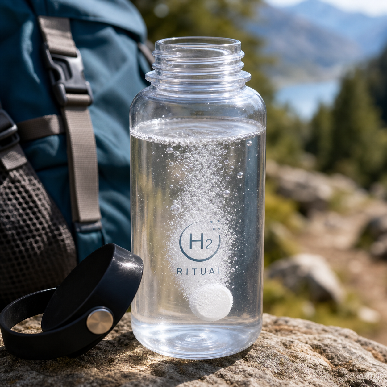 H2 Ritual tablet fizzing in an outdoor water bottle