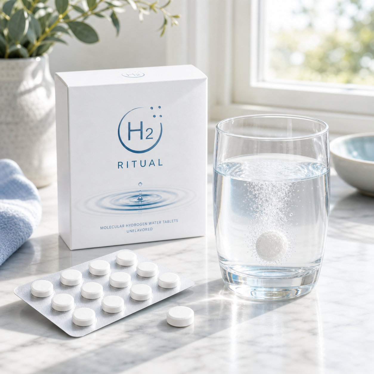H2 Ritual tablet dissolving in a glass on a bright morning counter