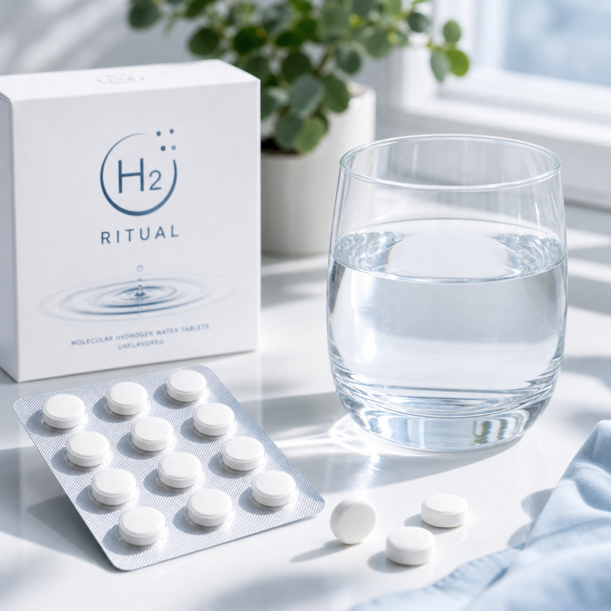 H2 Ritual blister pack white tablets and fresh water on a morning table