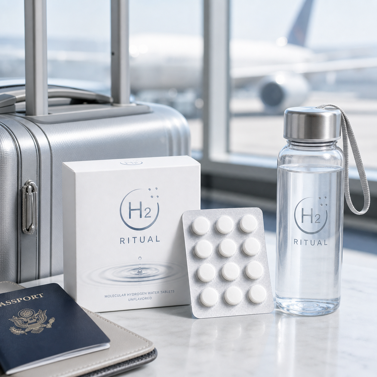 H2 Ritual box and blister pack in a travel hydration scene
