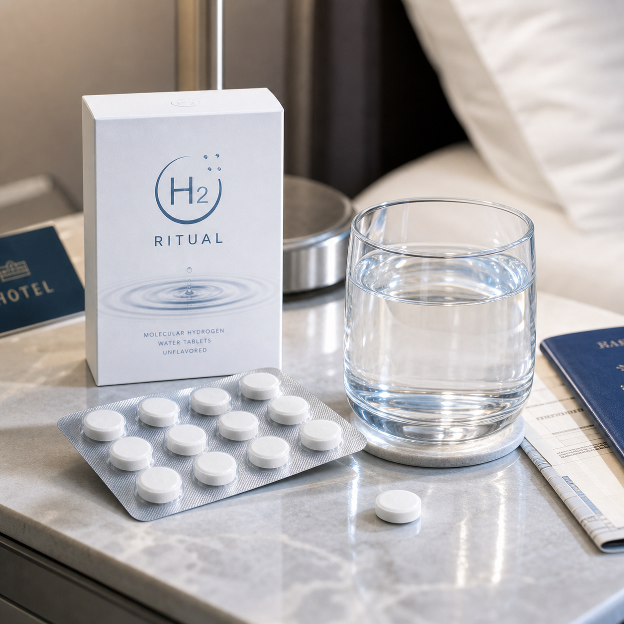 H2 Ritual tablet and blister pack with a hotel glass of water