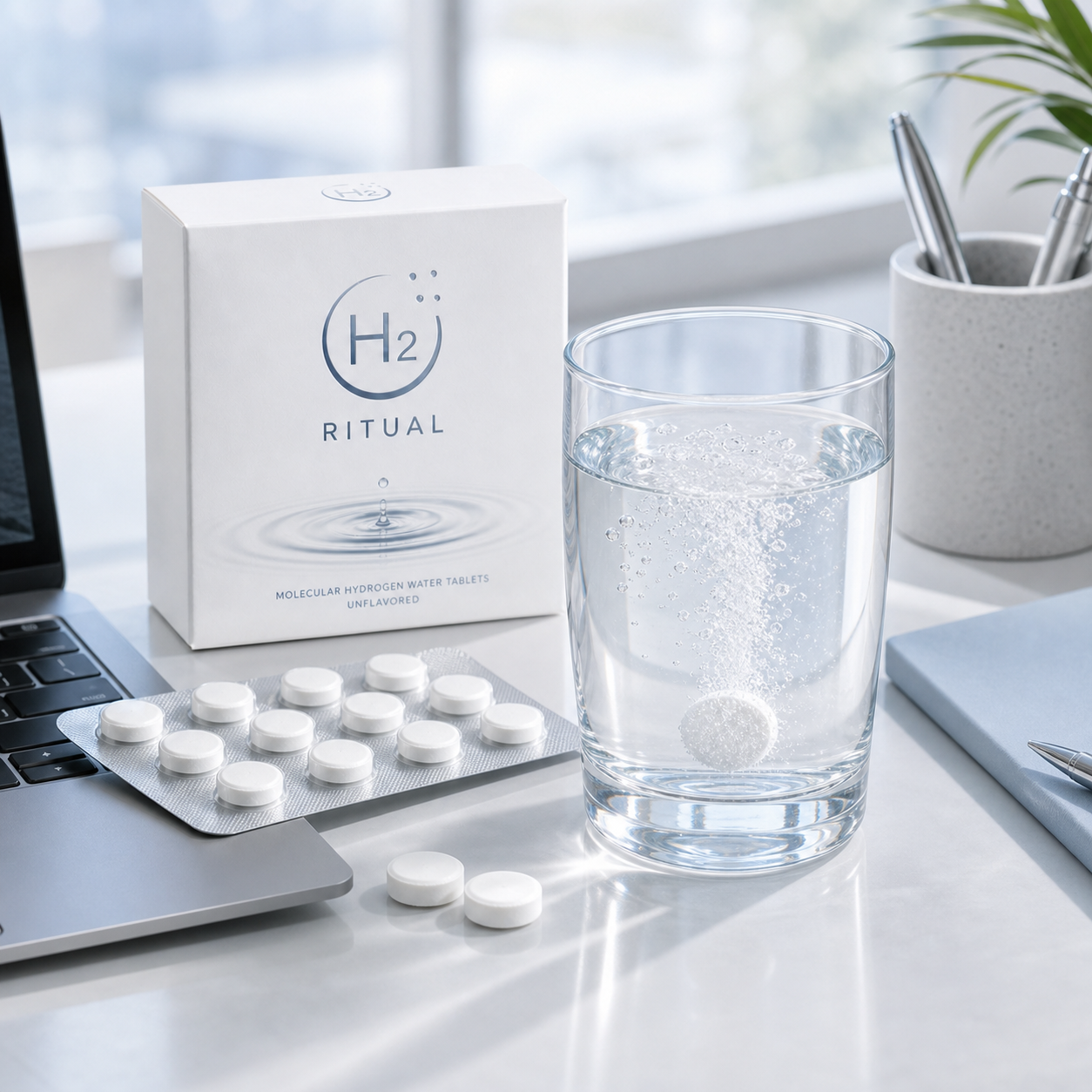 H2 Ritual hydrogen water tablets on a modern office desk