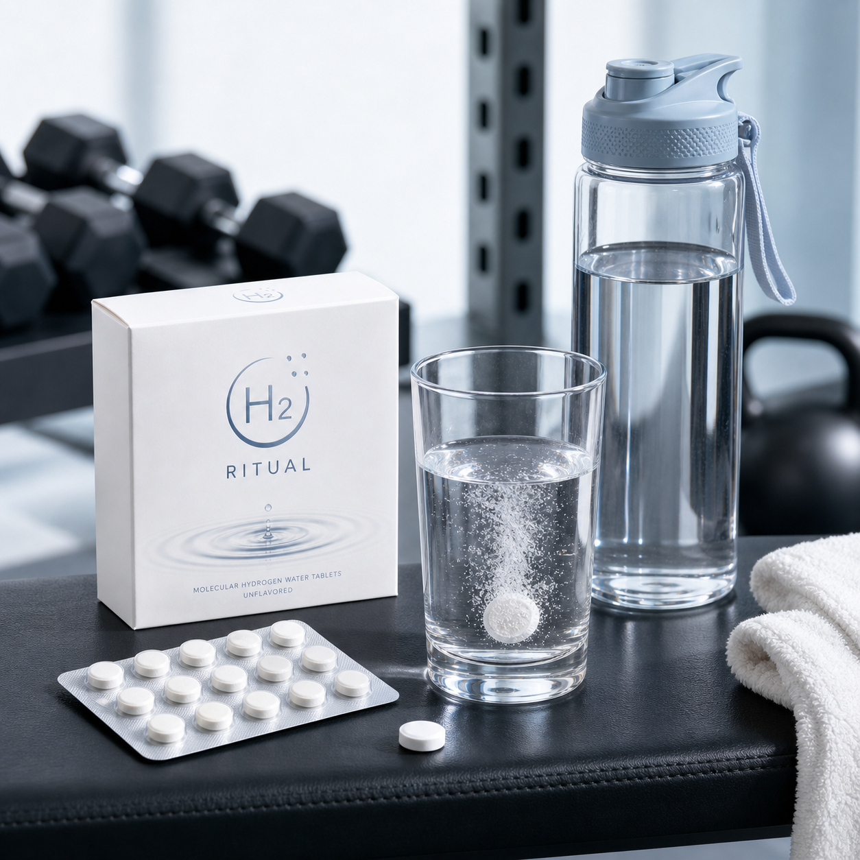H2 Ritual tablet dissolving with box and blister pack in a workout hydration scene