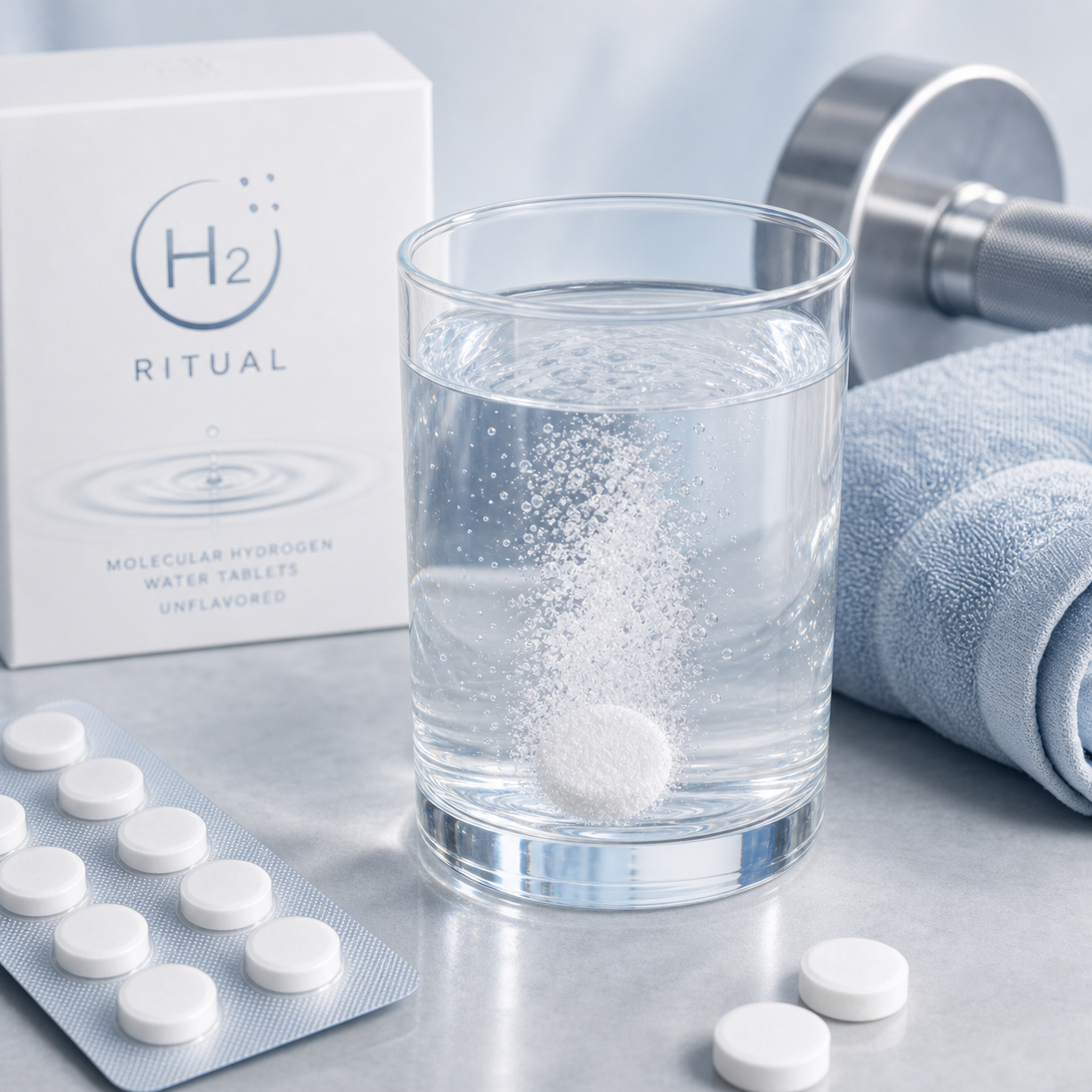 H2 Ritual tablet fizzing beside gym towel and dumbbell